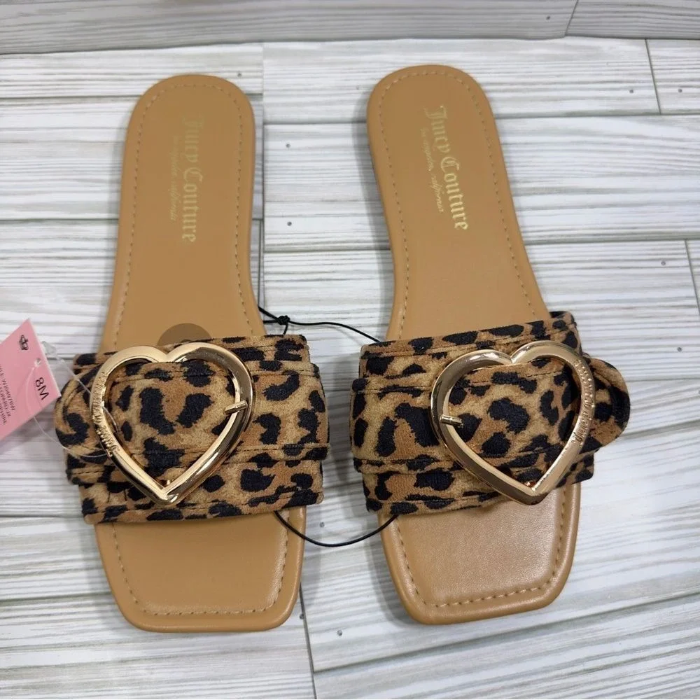 NWT‎ Juicy Couture Leopard Heart Slide Sandals Women Size 8M Tan Black Gold
